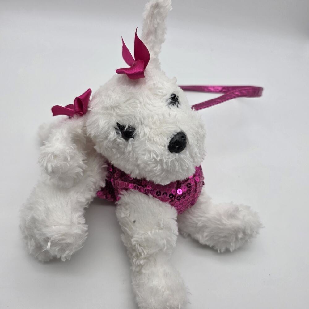 Poochie & Co White Poodle Plush Purse Hot Pink Sequin Girls Shoulder Bag
